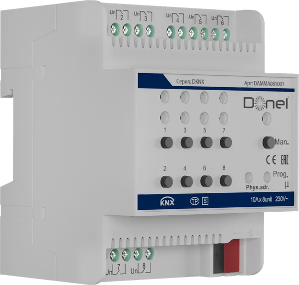 Donel KNX 8-канальный многофункциональный актуатор, 10A Установка на DIN-рейку, напряжение 230/400 В переменного тока, 50–60 Гц, Cерия DKNX — фото 2