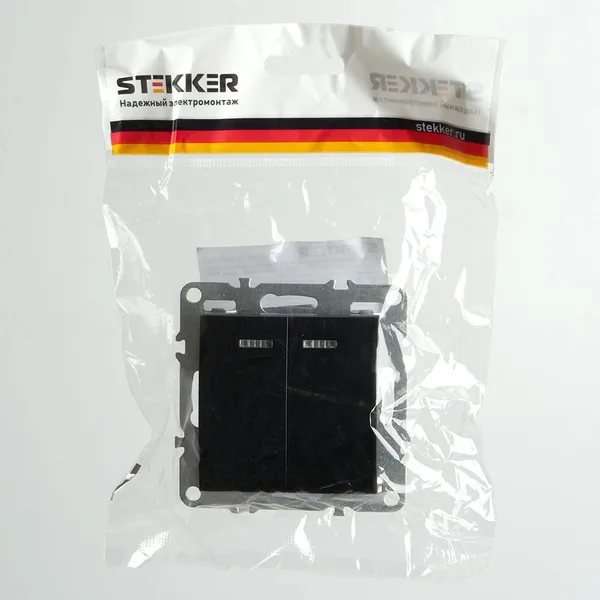 Выключатель 2-клавишный с индикатором (механизм), STEKKER, PSW10-9102-03, 250В, 10А, серия Эрна, черный — фото 4