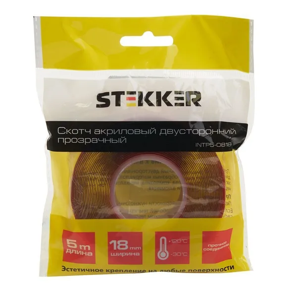 Скотч акриловый двусторонний STEKKER INTP5-0818-5 0,8*18 мм,длина 5м, прозрачный, красная подложка — фото 2