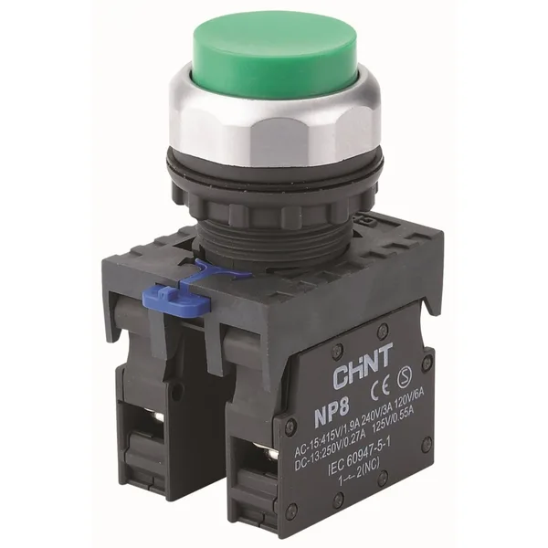 Кнопка упр. выступ., NP8-10GND/3 подсвет., самовозв., зелен., AC110-230В(LED), 1НО, IP65 (R) CHINT