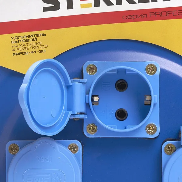 Удлинитель на металлической катушке с/з 4-местный Stekker, PRF02-41-30, 30м, 3*2,5, серия Professional, синий — фото 6