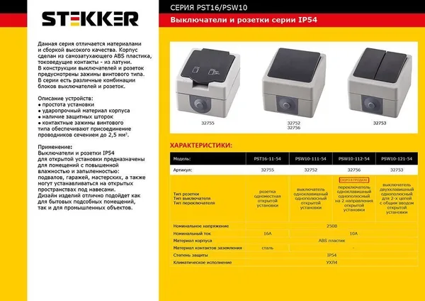 Розетка 1-местная с крышкой с/з STEKKER, PST16-11-54, пластик АВS, 250В, 16А, IP54, серый/графит — фото 2