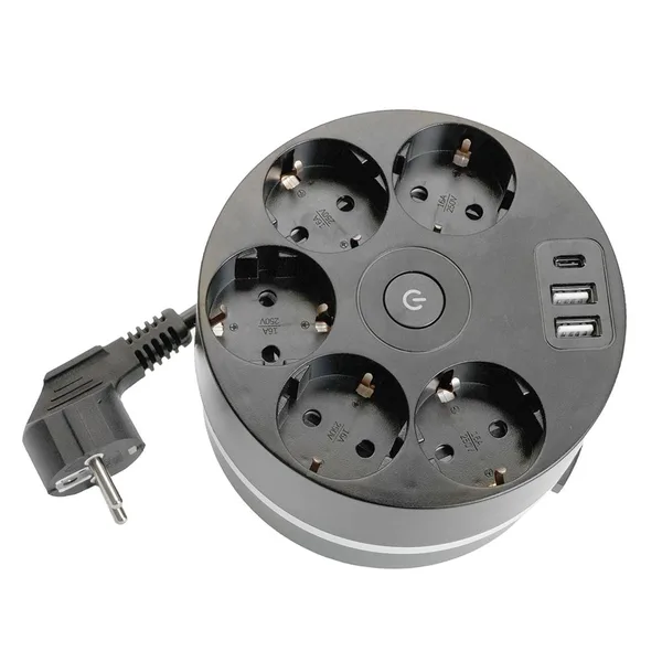 HM10-51-01 Удлинитель 5-местный с/з, 3x1мм², 2.5м, 250В, 16А, 2USB+С 5V 3,1А, серия Comfort, черный STEKKER — фото 2