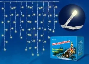 Гирлянда-бахрома 200LED тепл.бел. 3м/32нит, макс 70см, 8 реж. пров прозр.9W, Uniel