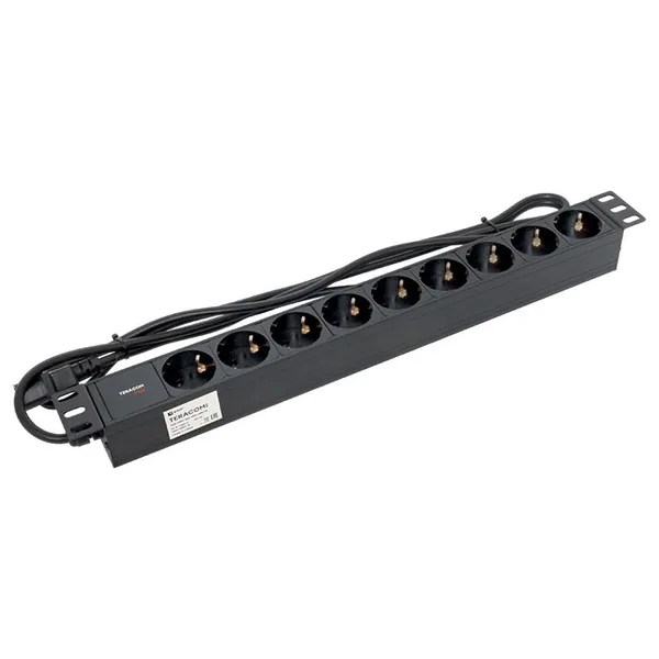 Блок розеток PDU TERACOM PRO 19" 1U 10А/250В 9 розеток Schuko шнур питания длиной 2 метра сечение 3x1,5 мм2 вилка C14 корпус алюминий черный EKF — фото 4