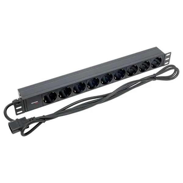 Блок розеток PDU TERACOM PRO 19" 1U 10А/250В 9 розеток Schuko шнур питания длиной 2 метра сечение 3x1,5 мм2 вилка C14 корпус алюминий черный EKF — фото 2