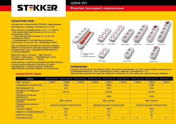 Розетка переносная разборная 2-местная с/з STEKKER, PST16-211-20, с выключателем, 250В, 16A, IP20, белый — фото 3