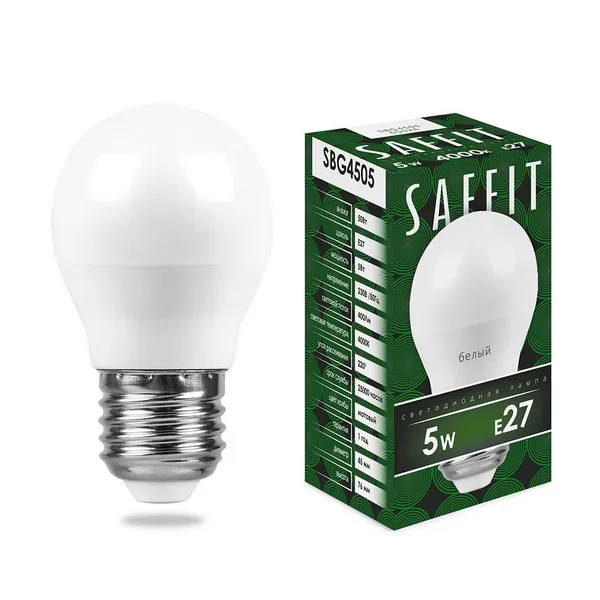 Лампа светодиодная SAFFIT SBG4505 Шарик E27 5W 4000K Feron