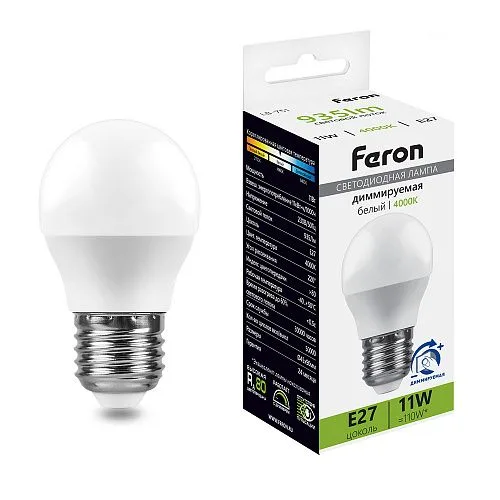 Лампа светодиодная диммируемая, (11W) 230V E27 4000K G45 LB-751 Feron