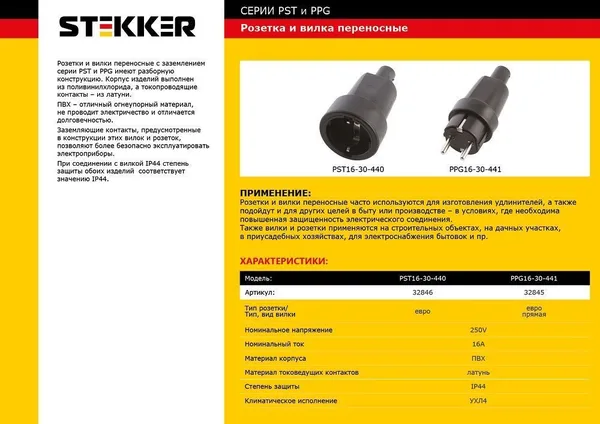 Розетка переносная 1-местная с/з STEKKER PST16-30-440, пластик 250В, 16А, IP44, черный — фото 2
