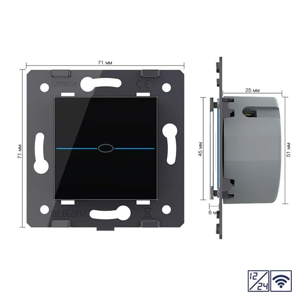 Одноклавишный сенсорный выключатель Quadro 12/24В с радиоупр., цвет черный (механизм) Livolo — фото 5