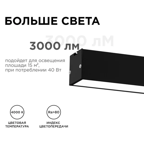 30-12 Светильник линейный, подвесной, светодиодный 40Вт, 230В/50Гц, 3000лм, 4000К, IP40, чёрный, 1180х40х40мм, алюминий Apeyron — фото 3