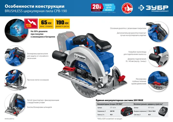 20В бесщеточная пила циркулярная, без АКБ, в коробке, Профессионал. CPB-190 ЗУБР — фото 5