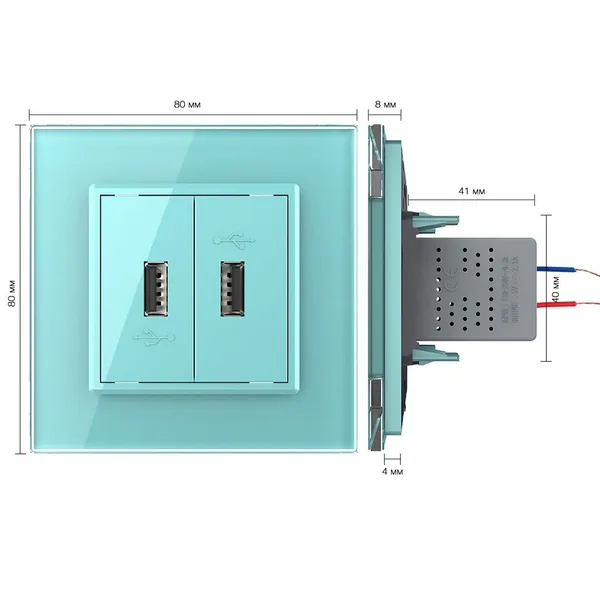 Розетка USB с блоком 5В 2.1А двойная Зеленая Livolo — фото 5