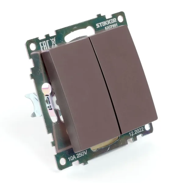Выключатель 2-клавишный (механизм), STEKKER GLS10-7104-04, 250V, 10А, серия Катрин, шоколад — фото 2