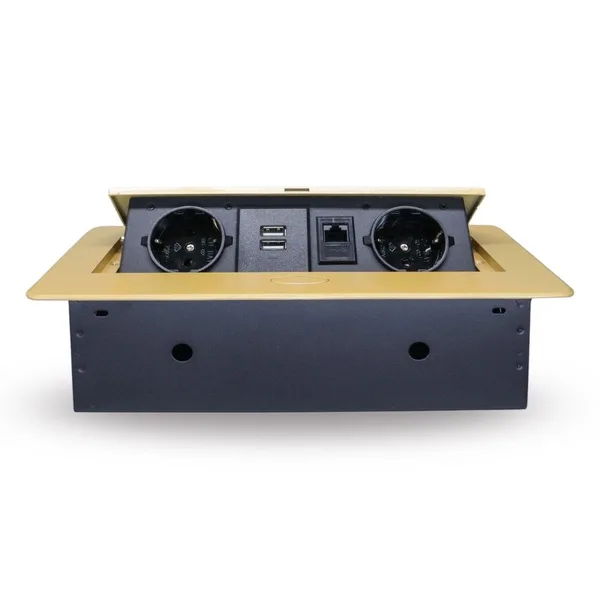Розетка горизонтальная выдвижная 2 Euro 16А, 2 USB A с блоком 5В/2.1А, RJ45 RocketSocket, проводка, цвет золотой — фото 2