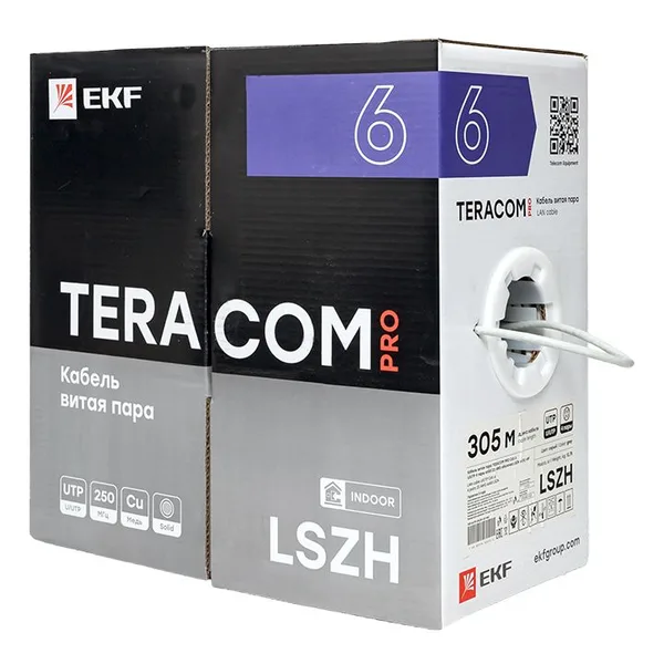 Кабель витая пара TERACOM PRO Cat,6 U/UTP 4 пары solid 23AWG оболочка LSZH нг(А)-HF цвет серый (упак, 305м) EKF — фото 4