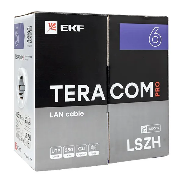 Кабель витая пара TERACOM PRO Cat,6 U/UTP 4 пары solid 23AWG оболочка LSZH нг(А)-HF цвет серый (упак, 305м) EKF — фото 3
