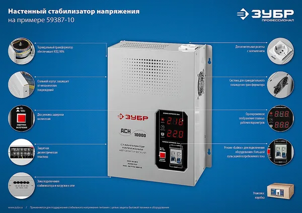 АСН 10000 профессиональный стабилизатор напряжения навесной 10000 ВА, 140-260 В, 8% ЗУБР — фото 9