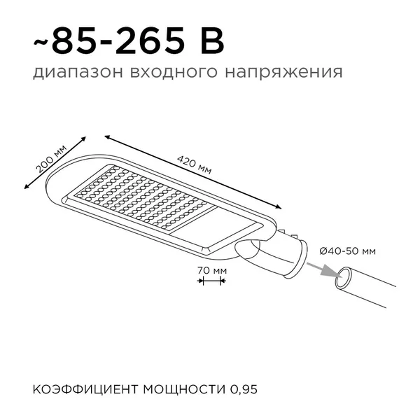 29-02 Светильник светодиодный, уличный, консольный 50Вт, 230/50Гц, 5500лм, 5000К, IP65, КСС "Ш", 420*200*70мм, Ф50мм, серый Apeyron — фото 6