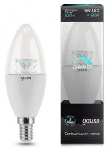 Лампа св/д свеча 6W Е14 4000К Прозрачный Диммир.GAUSS