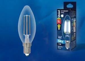 Лампа св/д Sky свеча C35 прозрачная 9W Е14 4000К Uniel