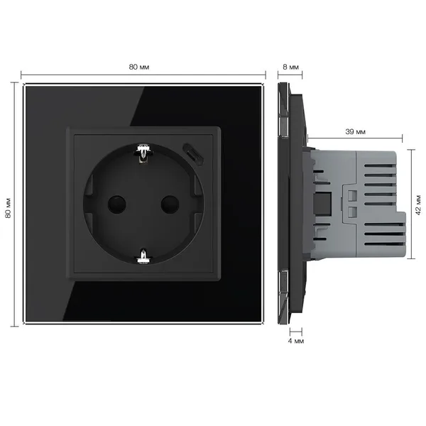Розетка электрическая + USB type-C с блоком питания 18W Livolo 1 пост Черная VL-C7CTF16A.UC18W-2BP — фото 5