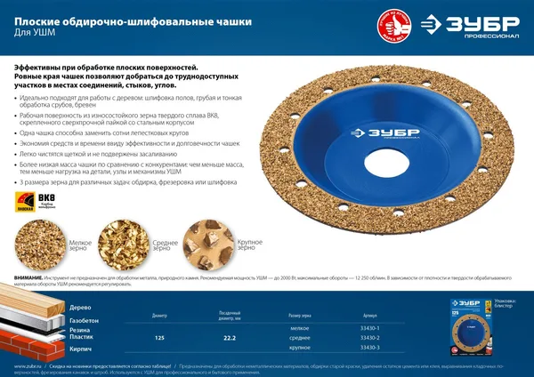 №1 Плоская обдирочно-шлифовальная чашка, мелкое зерно ВК8, 125 мм ЗУБР — фото 3