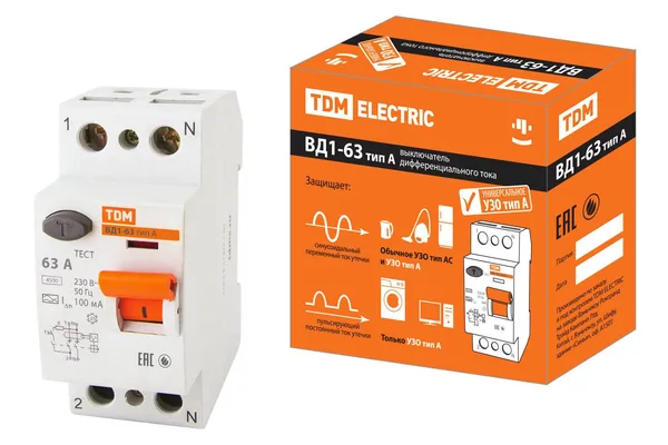 Устройство защитного отключения УЗО ВД1-63 2П 63А 100мА тип А TDM