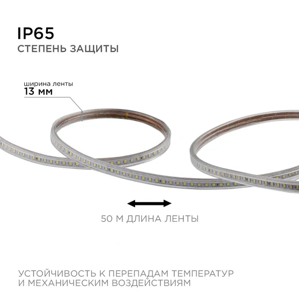 O17-09 Светодиодная лента 220В, 7Вт/м, smd2835, 120д/м, IP65, 600лм/м, размер 13х7мм, 50м, х/б, 6500К OGM APEYRON — фото 6