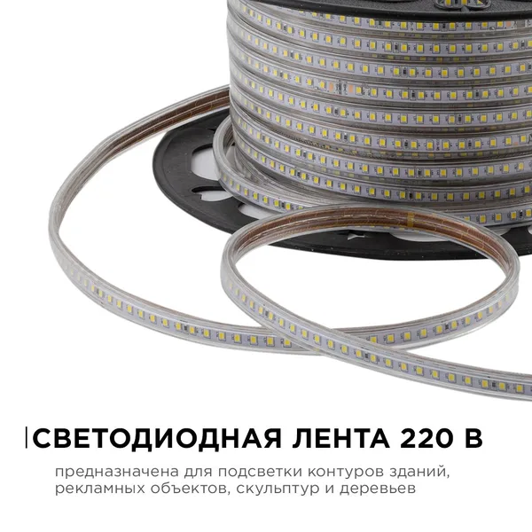 O17-09 Светодиодная лента 220В, 7Вт/м, smd2835, 120д/м, IP65, 600лм/м, размер 13х7мм, 50м, х/б, 6500К OGM APEYRON — фото 2