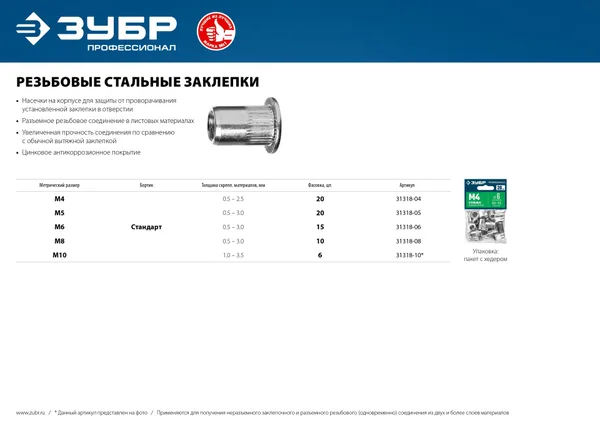 Резьбовые заклепки с насечками, М4, 20 шт, стальные, стандартный бортик, Профессионал ЗУБР — фото 3