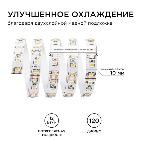 00-131 Светодиодная лента 12В, СТ, 12Вт/м, smd2835, 120д/м, IP20, 1300Лм/м, ширина подложки 10мм, 5м, д/б, 4000К. Apeyron — фото 5