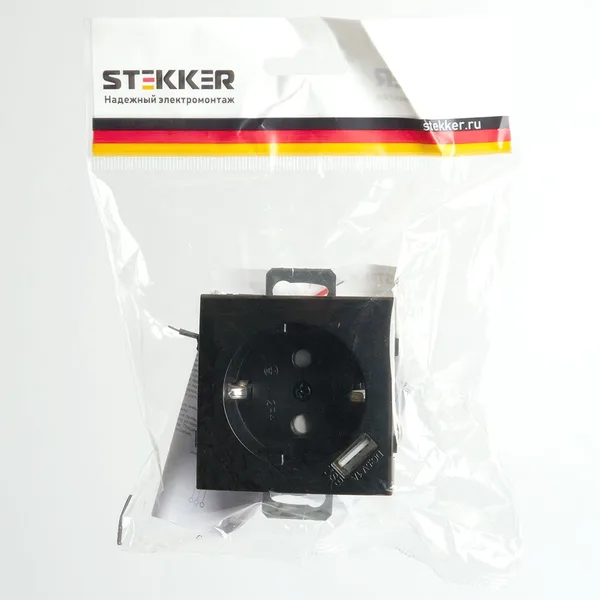 Розетка 1-местная с/з (механизм), STEKKER, PST16-9111-03, 250В, 16А с защ. шторкой и с USB, серия Эрна, черный — фото 2