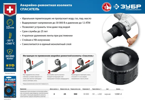 Силикон черная самослипающаяся аварийно-ремонтная лента, 3м х 25мм ЗУБР — фото 5