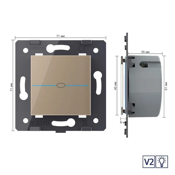 Одноклавишный сенсорный диммер Quadro версия 2, цвет золотой (механизм) Livolo — фото 5