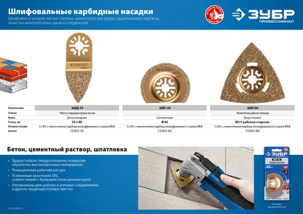 Насадка шлифовальная c карбид-вольфрамовым напылением ВК-8, дельтовидная, двусторонняя, сторона 35 мм, Профессионал, ШВД-35 ЗУБР — фото 3