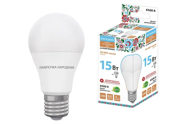 Лампа светодиодная НЛ-LED-A60-15 Вт-230 В-6500 К-Е27, (60х112 мм), Народная TDM