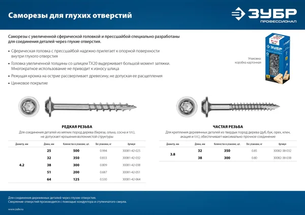 Саморезы для глухих отверстий, 32 х 4.2 мм, 350 шт, редкая резьба, оцинкованные ЗУБР — фото 3