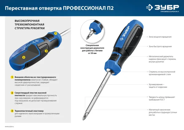 ПРОФЕССИОНАЛ-П2 переставная отвертка SL6 / PH2 ЗУБР — фото 7