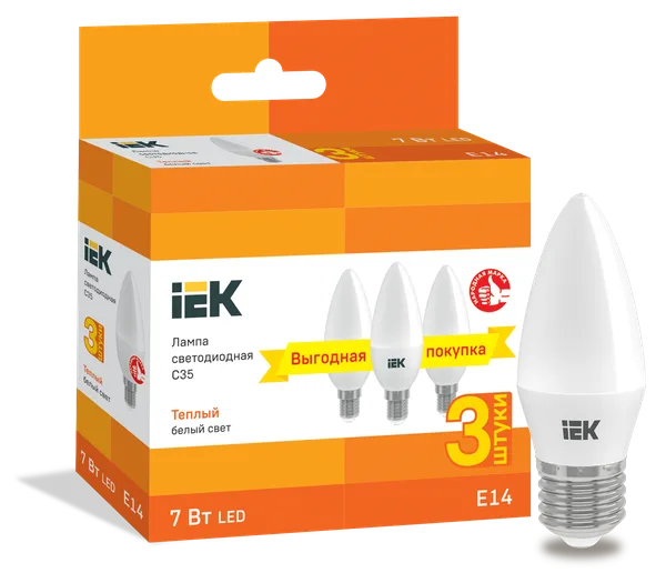 Лампа светодиодная C35 свеча 7Вт 230В 3000К E14 (3шт/упак) IEK