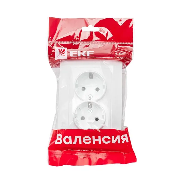 Валенсия Розетка 2-местная с/з 16А белая с защ, штор, EKF — фото 3