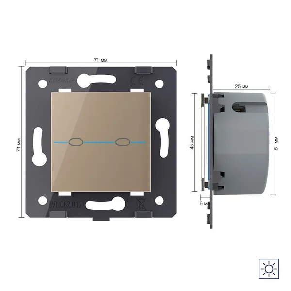 Выключатель Quadro 2 клавиши сухой контакт Золотой (механизм) Livolo — фото 5