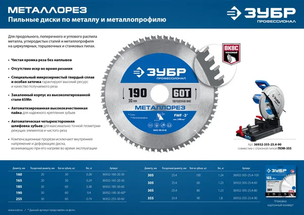 Металлорез 185х30мм 60Т, диск пильный по металлу и металлопрофилю ЗУБР — фото 5