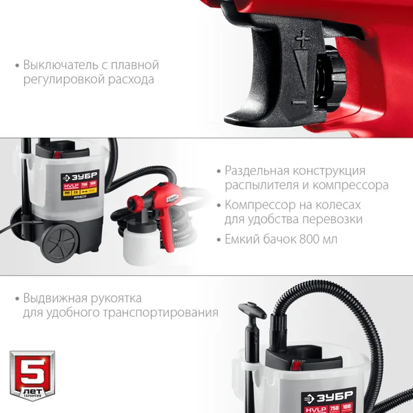 Краскопульт (краскораспылитель) электрич, КПЭ-750, HVLP, 0.8л, краскоперенос 0-800мл/мин,вязкость краски 100 DIN/сек, сопло 2.6мм, 750Вт ЗУБР — фото 4