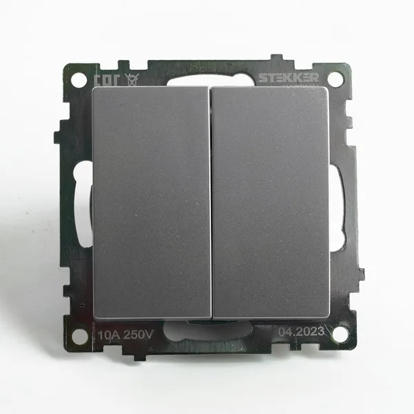Переключатель 2-клавишный (механизм), STEKKER GLS10-7107-03, 250V, 10А, серия Катрин, серебро — фото 2