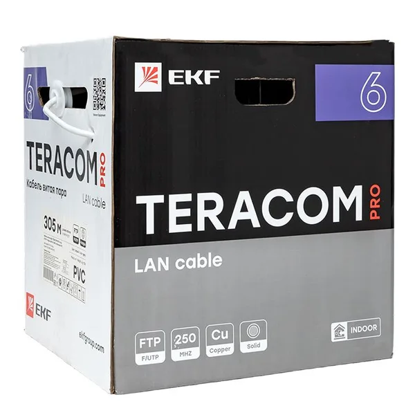 Кабель витая пара TERACOM PRO CAT,6 F/UTP 4 пары solid 23AWG оболочка PVC цвет серый (упак, 305м) EKF — фото 3