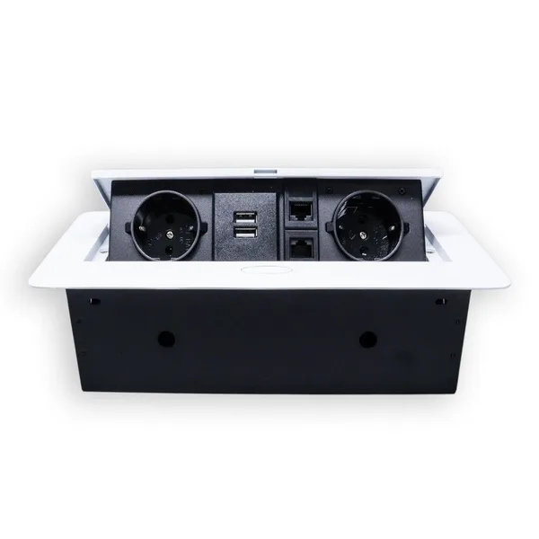 Розетка горизонтальная выдвижная 2 Euro 16А, 2 USB A с блоком 5В/2.1А, 2 RJ45 RocketSocket, проводка, цвет белый — фото 2