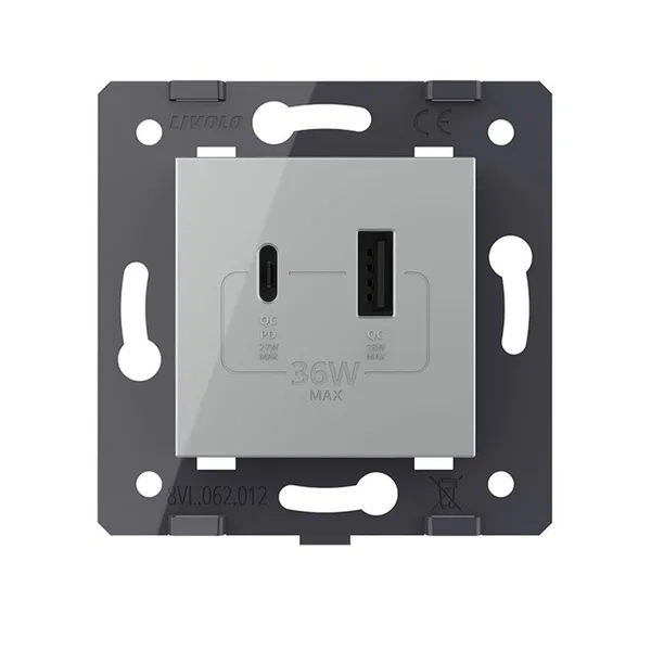 Розетка USB type C+A с блоком питания 36W, цвет серый (механизм) Livolo — фото 2
