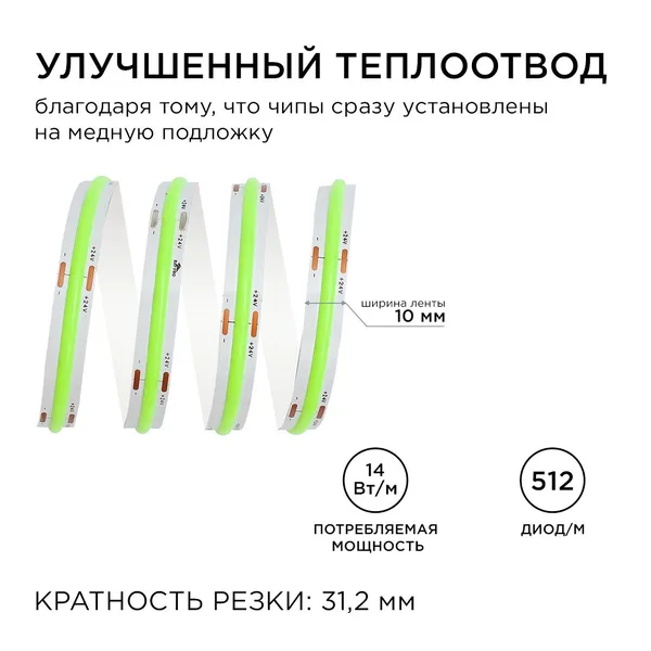 218ОО Общее освещение светодиодной лентой 5м, 24В, 14Вт/м, COB, 512д/м, IP20, зел. Apeyron — фото 6